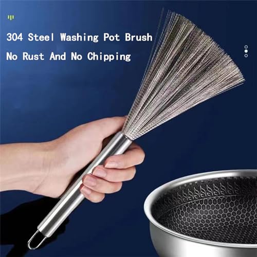 2Pcs Pots and Pans Clening Brush, Stainless Steel Scrubber Brush for Cookware Long-Handled Sink Cleaner Brush-2Hooks