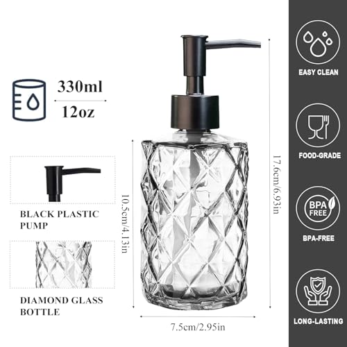 12Oz Small Glass Soap Dispenser with Black Plastic Pump, Clear Refillable Kitchen Countertop Liquid Hand Soap Dispensers with Diamond Design, Crystal Bathroom Lotion Bottle for Dispense Dish Soap - color: Clear Diamond