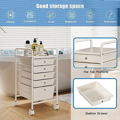 6-Tier Rolling Cart with 5 Drawers, Rolling Utility Cart with 2 Lockable Caster Wheels, Multipurpose Mobile Rolling Storage Drawer Cart for Office Bathroom Kitchen, Ivory White - size: White, 5-Tier, 4S/1L Drawer