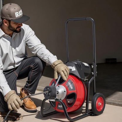 VEVOR Drain Cleaner Machine 75 FT x 3/8 Inch, Auto Feed Sewer Snake Auger on Wheels, Portable Drain Cleaning Machine with 4 Cutters & Air-activated Foot Switch for 2" to 4" Pipes - style: 75 FT x 3/8''