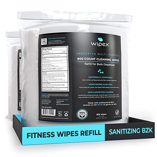 Wipex Gym & Fitness Wipes, 800 ct with BZK Antiseptic Refill Roll for Dispensers 2 Packs (1600 Wipes) - size: 800 Count (Pack of 2)