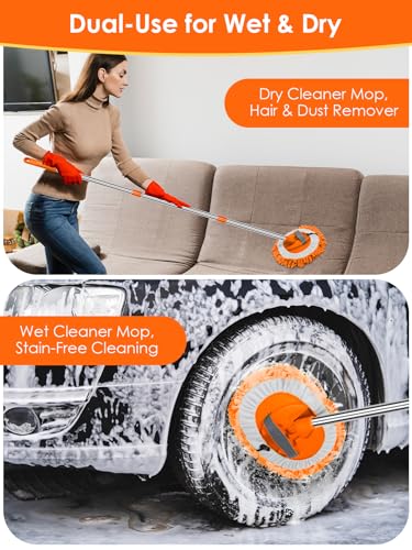2 in 1 Lightweight Wall Cleaner Mop with Long Handle 75" 190cm Lint-Free Chenille Duster Mop for Kitchen Baseboard Floor Ceiling Glass Window Roof Adjustable Cleaning Brush Tool, 2 Replacement Heads - color: Orange