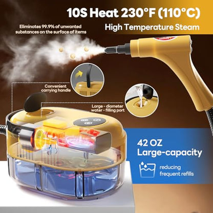 Handheld Steam Cleaner, 10s Fast Handheld Heating Steamer for Cleaning 15-in-1 High Pressure Steam Cleaner for Home & Kitchen, Grease, Grout, Tile,Floor,Couch and Car - color: Yellow