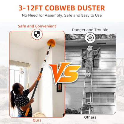 18 FT Cobweb Duster with 3-12 FT Telescoping Pole, Dual Action Flip-Lock & Screw Fixing Design, Washable Reusable Duster for High Ceilings, Fans & Home Cleaning - size: 3-12FT