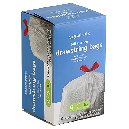 Amazon Basics Flextra Strength Tall Kitchen Drawstring Trash Bags,Fresh Scent,Tear Resistant,13 Gallon,50 Count (Pack of 2) - size: 50 Count (Pack of 2)