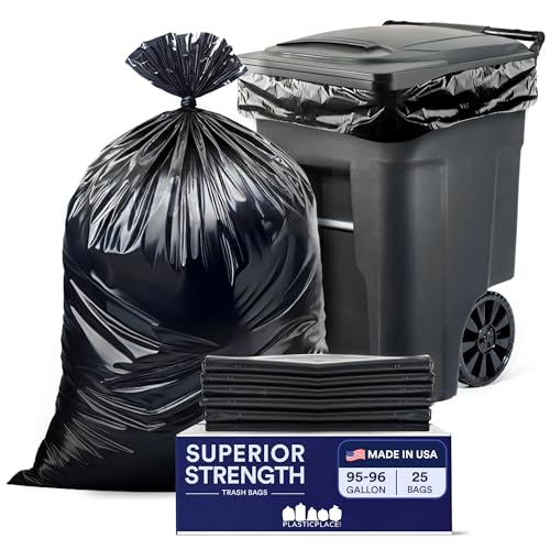 Plasticplace 95-96 gallon Garbage Can Liners │ 3 Mil │ Black Heavy Duty Trash Bags │ 61” x 68”, 25 Count (Pack of 1)