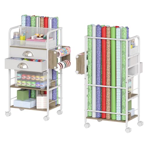 Rolling Wrapping Paper Storage Cart Organizer White | 16.54×11.4×32.68 in, Christmas gift wrap storage, craft paper roll holder, vertical wrapping station, holiday organization - color: White-unilateral