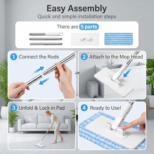 Convenient Cloth Changing Mini Mop Flat Push Design, Lazy Portable Self-Squeeze Mop Set, Wall-Mountable Durable Handle & Non-Slip Grip, Reusable Pads for Home Use with 5 Cloths Included