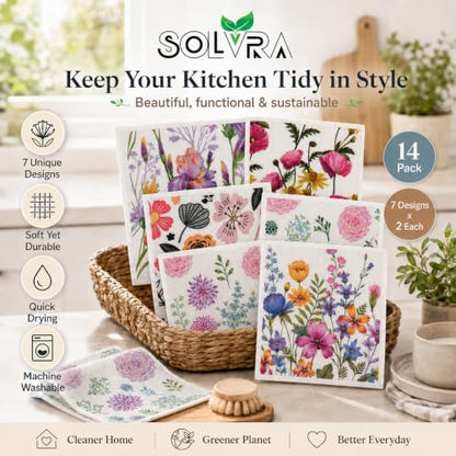 14 PCS Flower Print Swedish Dishcloths for Kitchen 100% Biodegradable, Reusable Cellulose Sponge Cloths Ultra Absorbent, Eco Friendly Cleaning Towels Dishcloths for Washing Dishes & General Cleaning - color: 14 Pcs-flowers Print