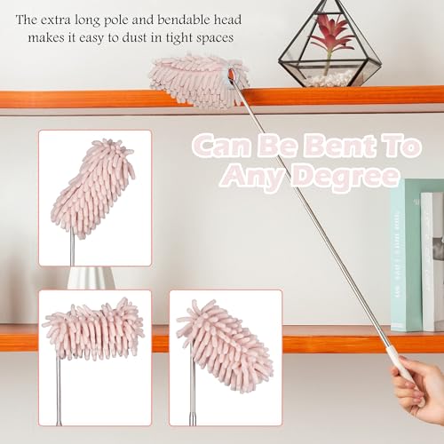 Pink Retractable Microfiber Duster for Cleaning Extendable Feather Duster Household Cleaning Tool for Cleaning Car, Office, Window, Furniture