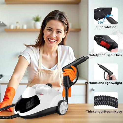 Steam Cleaner 1.5L Steamer for Cleaning Fast Heating 6-in-1 Multi-Surface with 8 Accessories UL499 Certified Portable High Pressure Steam Cleaner for Home, Car, Floors, Sofas, Tiles, Grout