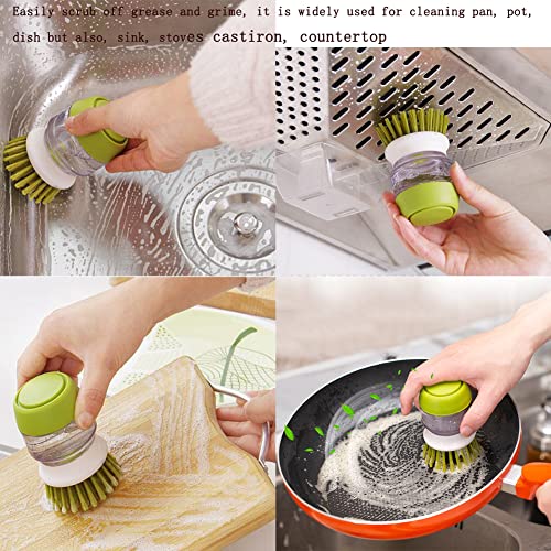 Dish Brush with Soap Dispenser, Dishwashing Kitchen Scrub Brushes Dish Scrubber with Holder Drip Tray, for Cleaning Pan, Pot, Sink(Grey) - color: Gray