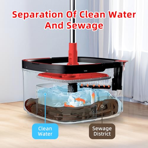 Spin Mop and Bucket with M16 Self Separation Dirty and Clean Water System with 2pads, Self Wringing 360° Rotating Clean Mop-Head and Bucket Set for Hardwood Tile Marble Floor-(Black+Red) - size: Black+Red Mop Set with 2 Pads