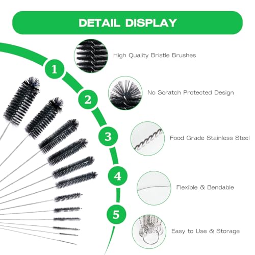 Brush Family Straw Cleaner Brush Set,12 Pieces Extra Long Pipe Water Bottle Brushes for Cleaning Reusable Drinking Straws,Bird Feeders,Pipes,Black (12pcs Different diameters Set) - size: 10-12 inch mixed diameters set (12pcs)