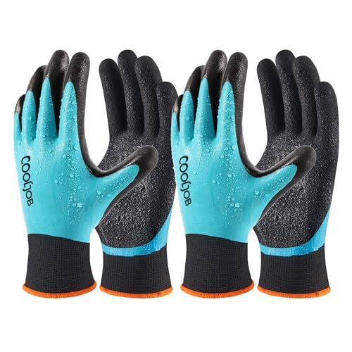 COOLJOB Waterproof Gardening Work Gloves with grip for Women & Men, Double Rubber Coated for Garden Yard Outdoor Construction Worker, Blue X-Large Size 2 Pairs - color: No Fleece/Blue, size: X-Large (Pack of 2)