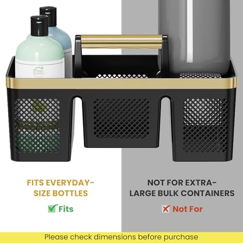 BYUNER Portable Cleaning & Shower Caddy with Handle: Rigid Plastic Basket with 4 Divided Compartments, All-Side Drainage for College Dorm, Bathroom & Utility Use, Black/Gold - color: Black/Gold