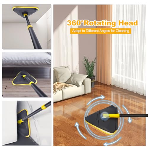 Newly Upgraded Wall Mop with 82 Inches Long Handle, 180° Folding Wall Cleaner Triangle Mop with Squeegee, 3-in-1 Ceiling Cleaning Tool with 6 Replacement Pads for Wall, Baseboards, Ceiling, Floor - color: Yellow