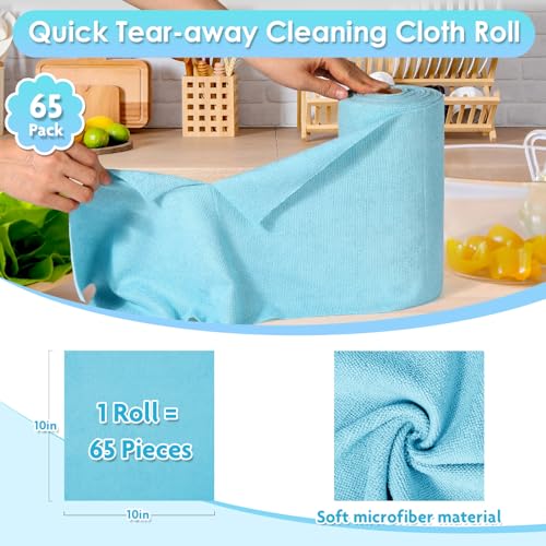 65 Pack Microfiber on a Roll Tear Away Towel, 10" x 10" Reusable Washable Microfiber Cloths Paper Towels Roll Absorbent Rag for Car Kitchen Cleaning - color: Blue, style: 65 PCS