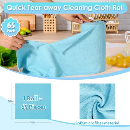 65 Pack Microfiber on a Roll Tear Away Towel, 10" x 10" Reusable Washable Microfiber Cloths Paper Towels Roll Absorbent Rag for Car Kitchen Cleaning - color: Blue, style: 65 PCS