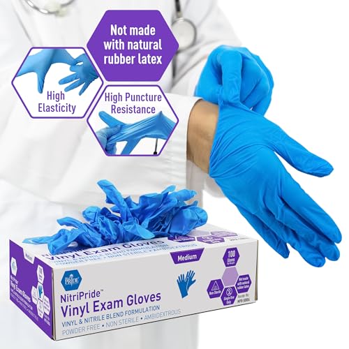 MED PRIDE Nitrile/Vinyl Blend Exam Gloves, Powder-Free, Latex-Free, Disposable, Non-Sterile, Blue, Medium (Box of 100) - size: Medium