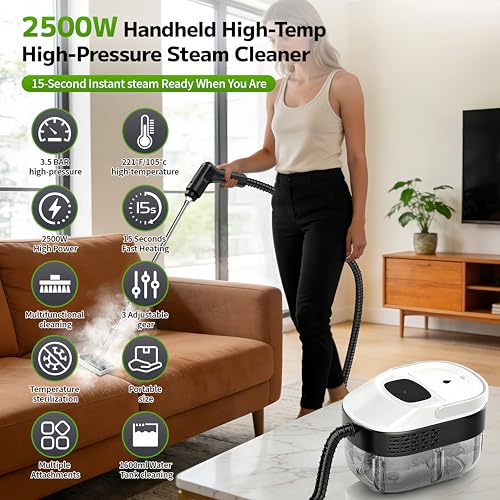 Pressurized Handheld Steam Cleaner 2500W, 54oz Large-Capacity Steamer with 3-Level Adjustable Steam, 15s Heat-Up & 15Pcs Accessories – for Car, Tile, Grout, Couch, Floor, Bed, Dirt, Furniture - color: White