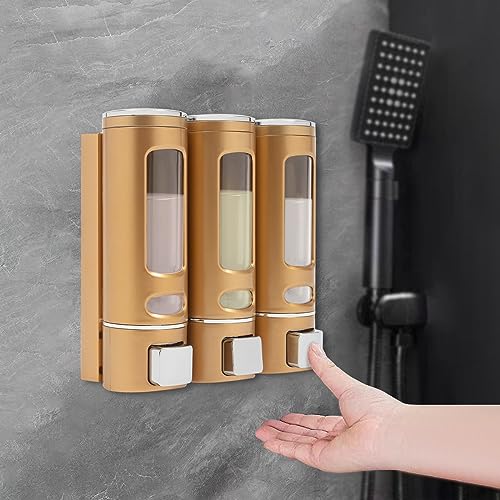 3-Head 400 ml Gold Soap Dispenser, Wall-Mount Triple Chamber Shampoo Conditioner Body Wash Pump, Bathroom Shower Gel Holder, Hotel Gym School Mall Refill Bottle, Adhesive or Screw Install