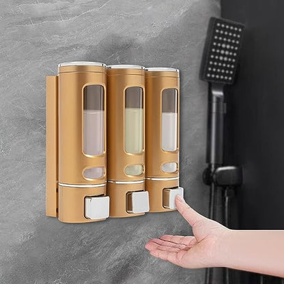 3-Head 400 ml Gold Soap Dispenser, Wall-Mount Triple Chamber Shampoo Conditioner Body Wash Pump, Bathroom Shower Gel Holder, Hotel Gym School Mall Refill Bottle, Adhesive or Screw Install