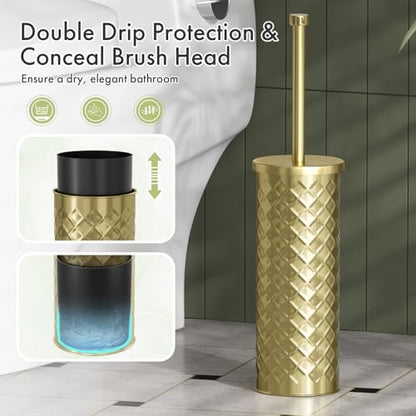 Toilet Bowl Brush and Holder Set 2 Pack with 4 Extra Brush Heads | Extra Long Handle with Splash Guard Cover, Tool-Free Installation, Bathroom Space-Saving, Cleaner Sets for Apartments, RV (Gold) - color: Gold