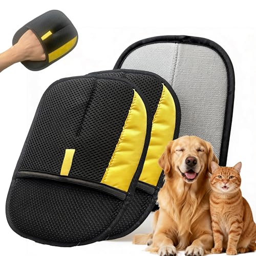 Electrostatic Pet Hair Removal Glove for Cats & Dogs, Reusable Magic Brush for Furniture & Clothes, Cat & Dog Fur Remover Tool (Black-Yellow Medium 2-Pack) - size: Medium 2-Pack