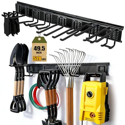 Garage Tool Organizer Wall Mount 49.5" - 520lbs Heavy Duty Metal | Garage Wall Organizer with 11 Adjustable Hooks, Space-saving Hanging Rack for Garden Yard Tools, Shovel, Ladder, Weed Eater - size: 49.5''-14Pack