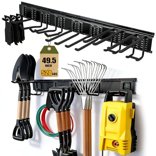 Garage Tool Organizer Wall Mount 49.5" - 520lbs Heavy Duty Metal | Garage Wall Organizer with 11 Adjustable Hooks, Space-saving Hanging Rack for Garden Yard Tools, Shovel, Ladder, Weed Eater - size: 49.5''-14Pack