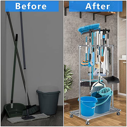 Broom Holder Organizer Movable Closet Storage Cabinet Mop Rack Floor Standing Cleaning Supplies Tool Cart For Garden Garage Schools Hotels Hospitals Factories Property Companies Restaurant (10 Racks)