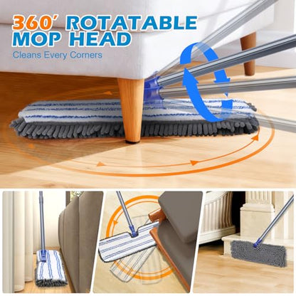 Masthome Dual Sided Flip Mop, Wet Dry Microfiber Dust Mop with 4 Pads & Scraper, 360° Swivel for Hardwood, Laminate, Tile, Pet Hair Cleaning - color: Blue Flip