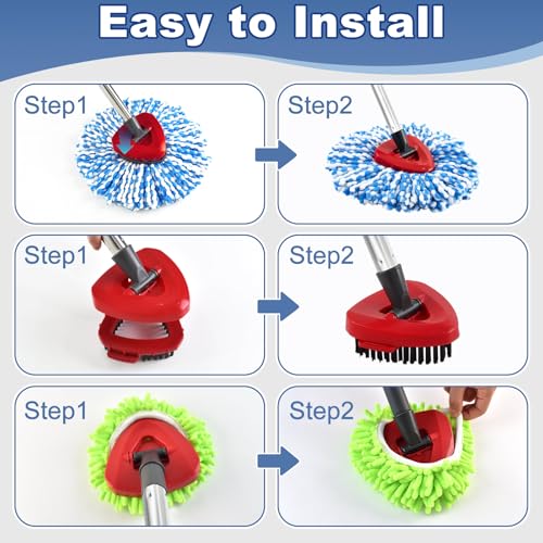 Mop Heads for O Cedar RinseClean 2 Tank Spin Mop System, 3 Microfiber Mop Head Refills and 3 Chenille Mop Pads,1 Scrub Brush, and 1 Mop Base with Mop Handle Set Combo - color: 3blue+3green