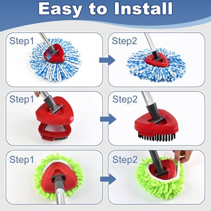 Mop Heads for O Cedar RinseClean 2 Tank Spin Mop System, 3 Microfiber Mop Head Refills and 3 Chenille Mop Pads,1 Scrub Brush, and 1 Mop Base with Mop Handle Set Combo - color: 3blue+3green