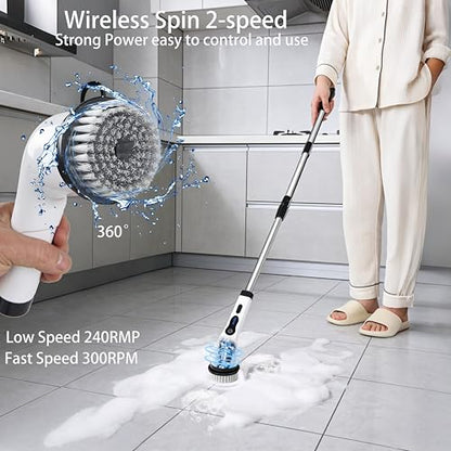 Electric Spin Scrubber Shower Cleaner Brush Cordless Power Cleaning 8 Brush Heads Extendable Handle 3 Adjustable 2 Speeds IPX7 Waterproof for Bathroom Kitchen