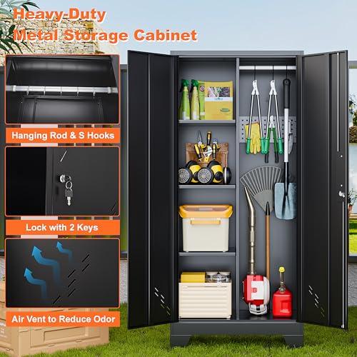Storage Cabinet 61" H, Metal Outdoor Sheds with Shelves for Tools Storage, Cleaning Supplies Closet with Removable Pegboard for Outdoor, Garage, Utility Room