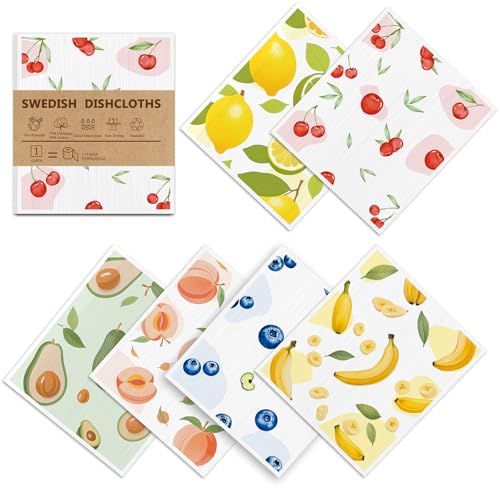 Swedish Dishcloths for Kitchen - 6 Pack Reusable Paper Towels, Non-Scratch Cellulose Cloths, No Odor, Biodegradable Cleaning Cloths - color: Fruits