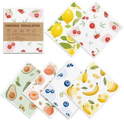 Swedish Dishcloths for Kitchen - 6 Pack Reusable Paper Towels, Non-Scratch Cellulose Cloths, No Odor, Biodegradable Cleaning Cloths - color: Fruits