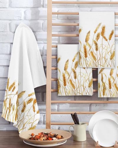 Golden Wheat Hand Towels Set,Waffle Weave Kitchen Towels 2 Pieces,Microfiber Hair Face Bath Tea Towel Absorbent Quick Drying Cleaning Dish Cloths,Retro Summer Fall Harvest Crops Botanical 15.7"x23.6" - color: Floralhab53099