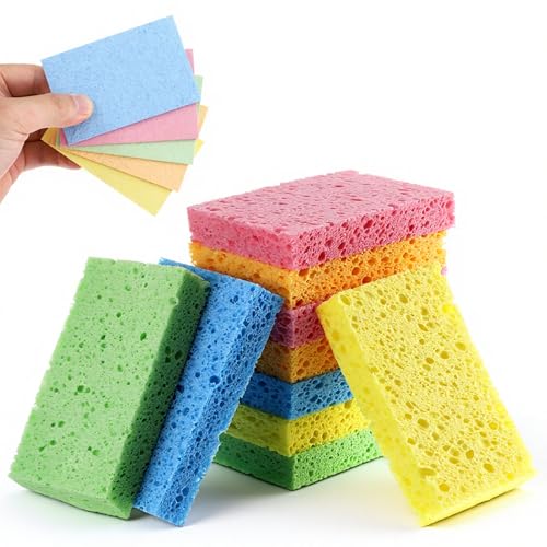 10 Pcs Cellulose Kitchen Sponges, Natural Compressed Sponges Reusable Non Scratch Sponge for Kitchen Dish Washing Bathroom Cars Cut-Outs DIY Scrub Sponge for Cleaning