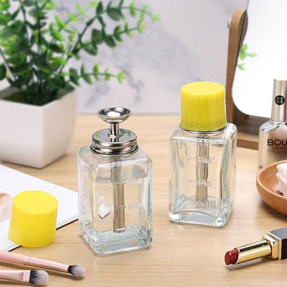 Noverlife 2PCS 6Oz / 180ml Clear Acetone Dispenser with Cap, Square Glass Nail Polish Remover Pump Alcohol Dispenser Alcohol Bottle, Refillable Push Down Pump Bottle for Makeup Remover - color: C - 2pcs - Clear Square Shaped
