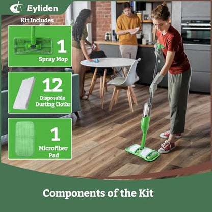 Eyliden Spray Mop for Hardwood Tile Vinyl, Small Spaces Cleaning, 13 Pads | 12 Disposable & 1 Washable Pad, Works with Cleaner, 360° Head, 13oz Bottle, No Bucket, Wet Dry Floor Sweeper for Apt Dorms RV