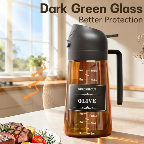 OURCABECUE Upgraded Made Oil Sprayer for Cooking 2 Set, Dark Brown 2 in 1 Spray and Pour Olive Oil Dispenser 16oz 470ml Glass Oil Spray Bottle, Mist Olive Oil Dispensing with Scale & 8 labels - color: Brown Bottle-Black Cap Scale