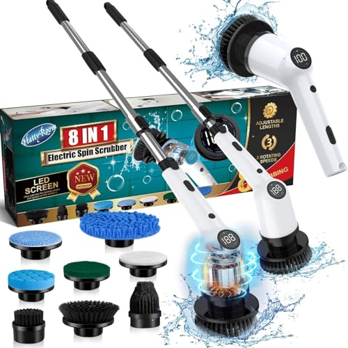 Electric Spin Scrubber, 2024 Upgrade Cordless Shower Scrubber with Power Display Screen Extension Handle, 8 Brush Heads 3 Adjustable Speeds 420 RPM, Power Cleaning Brush for Bathroom Tub Grout Bathtub