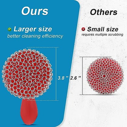 SUBEKYU Cast Iron Scrubber with Silicone Handle, Stainless Steel Cast Iron Skillet Cleaner Chainmail Scrubber for Cast Iron Pans, Red - color: Red