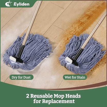 Eyliden Mop for Home & Commercial, Kitchen, Garage, Office Floor Cleaning | Non-Touch Replacement, Heavy Duty, 2 Reusable Cotton Heads, 4 Scouring Pads, Industrial Wet & Dry Mops