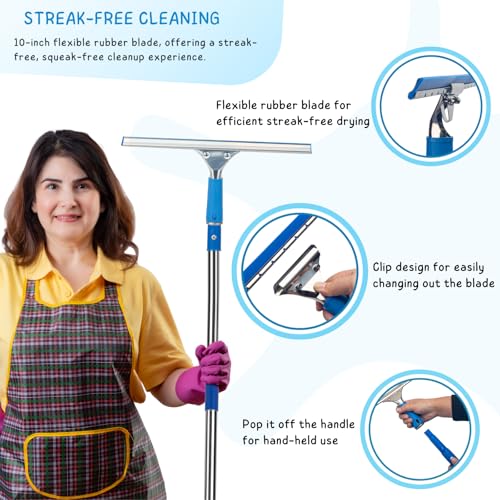 Window Squeegee with Scrubber for Home and Outdoor Glasses Cleaning, 6 Ft Long Handle 2 in 1 Professional Window Washing Kit with Replacement Rubber Blade, Car Windshield Cleaner Tool