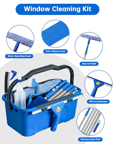 Window Cleaning Kit with Storage Bucket, Squeegee Cleaner Tool with Extension Pole, Glass Cleaning Tools Set with Spray Bottle, Brush, Scrubber, Gap Brush & Gloves for Window Shower Mirror Car