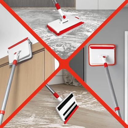 JEHONN Baseboard Cleaner Tool with Handle, 56 inches Base Boards Cleaning Mop Scrubber, 1 Stiff Bristles Brush, 2 Chenille and 2 Microfiber Pads, Wall Duster for Floorboard Ceiling Window Tile - color: Red